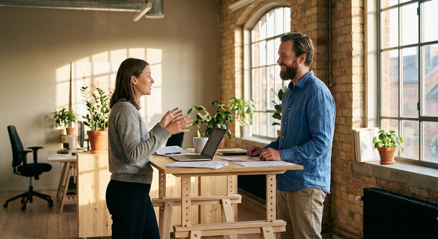 To kolleger samarbeider ved et ståbord